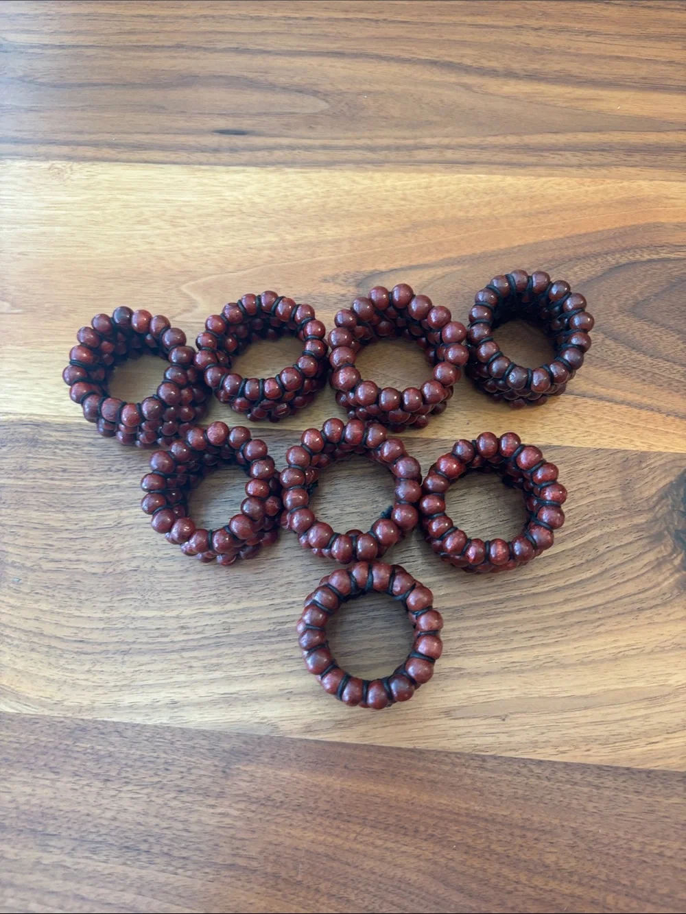Crate & Barrel Mahogany Wood Red Beaded Napkin Rings Set of 8
